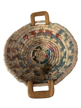 Rag Basket VTG Coil Quilted fabric w/ wooden handles Handmade Cotton Multi Color